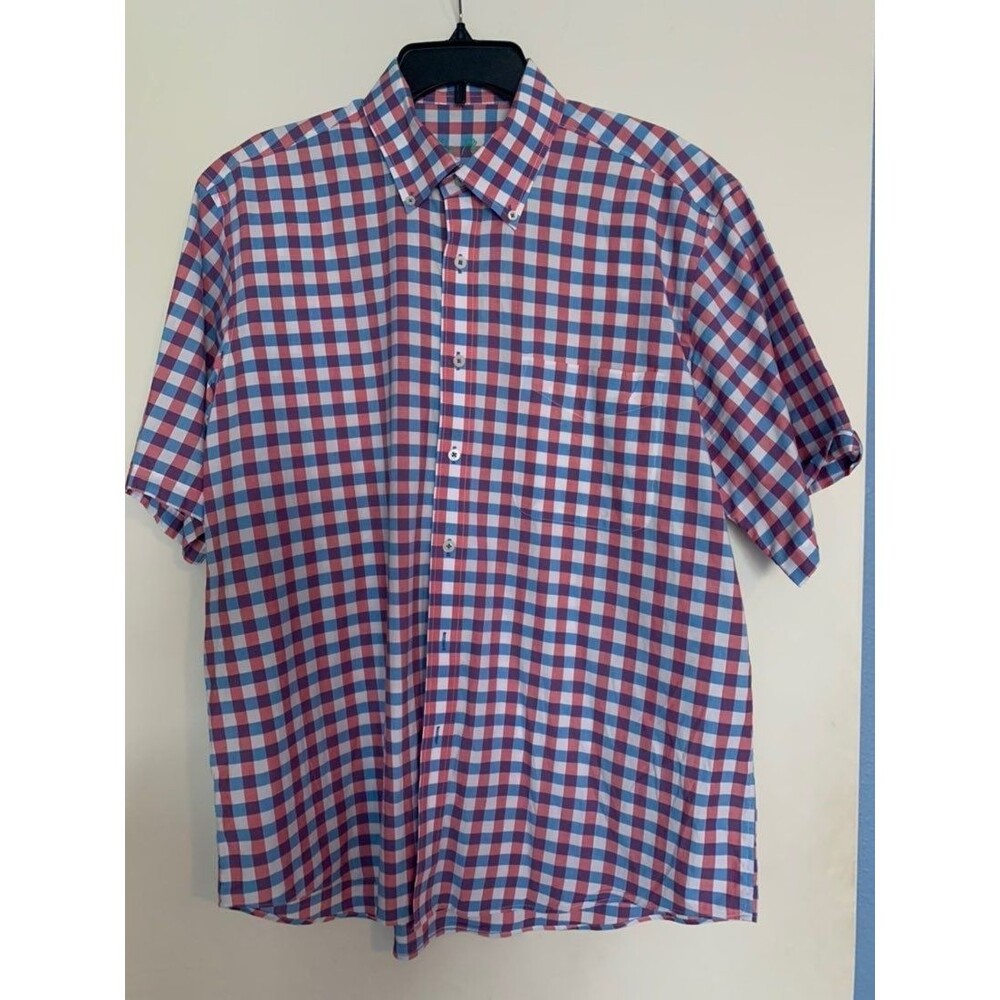 Mens Alan Flusser Short Sleeve Blue Red Summer Button Down  Lg